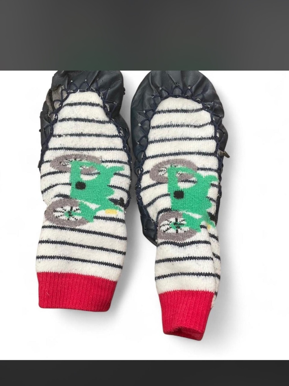 Kids Striped Red Cuff Shoe Socks with Green Bike Design Leather Soles